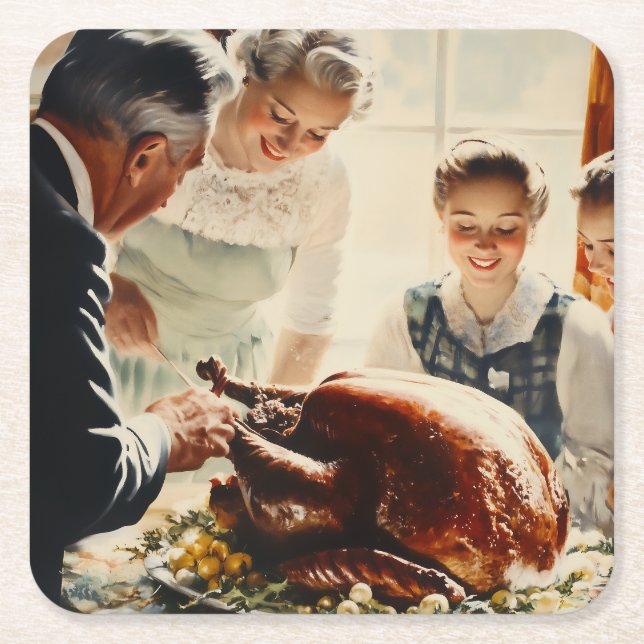 Thanksgiving Joy: A Family Feast Square Paper Coaster (Front)
