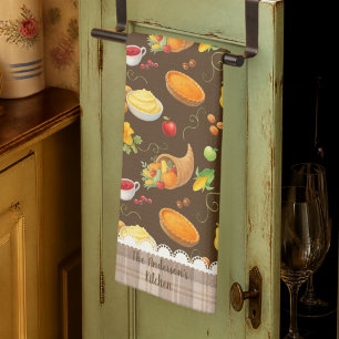 Thanksgiving Kitchen Harvest Pattern with Plaid Tea Towel