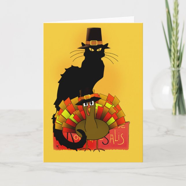 Thanksgiving Le Chat Noir With Turkey Pilgrim Holiday Card (Front)
