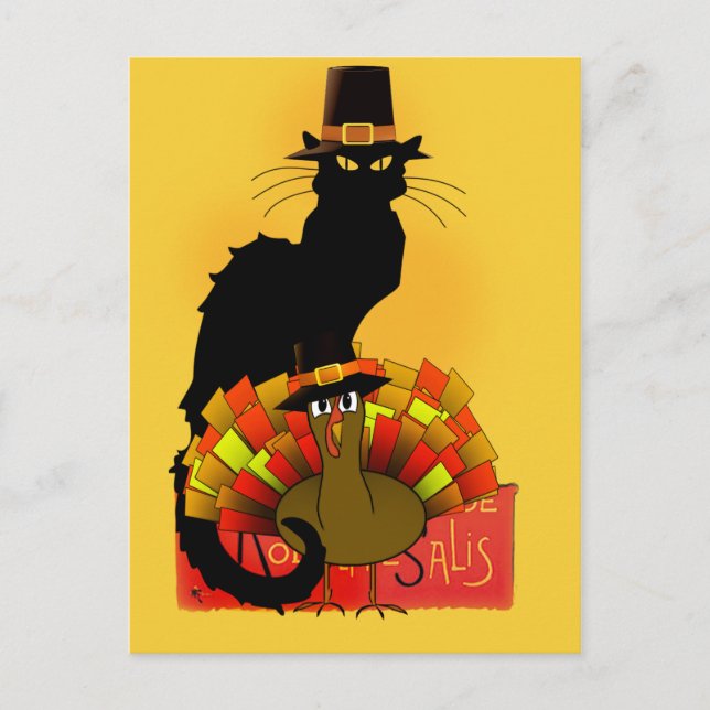 Thanksgiving Le Chat Noir With Turkey Pilgrim Holiday Postcard (Front)