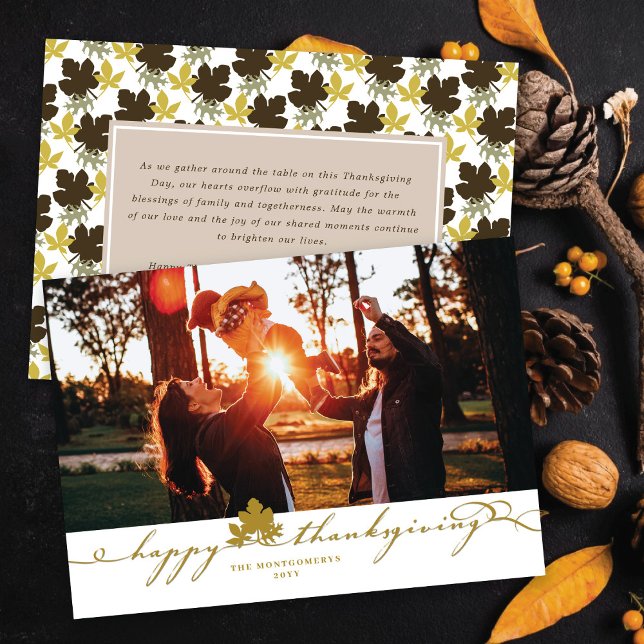 Thanksgiving Leaves Elegant Flourish Script Photo Holiday Card (Creator Uploaded)