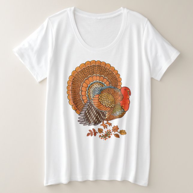 Thanksgiving Male Turkey Fanned Tail Autumn Colour Plus Size T-Shirt (Design Front)
