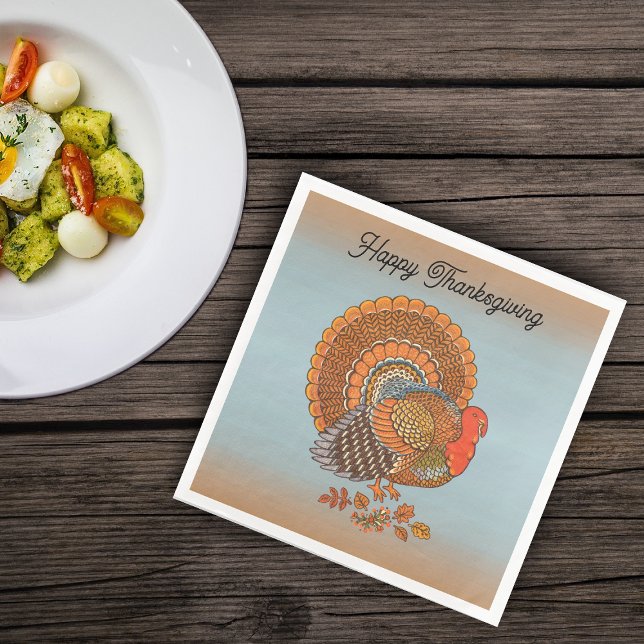 Thanksgiving Male Turkey Fanned Tail Blue Orange Napkin (Male Turkey fanned tail Autumn leaves on blue burnt orange Thanksgiving paper napkins.)