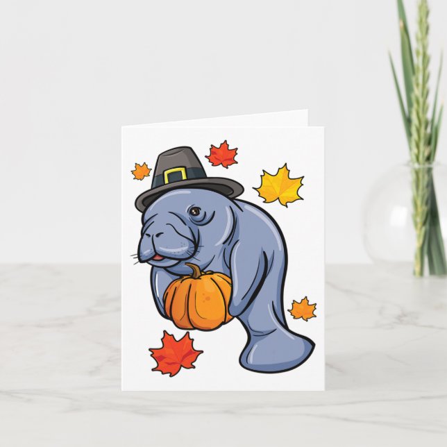 Thanksgiving Manatee Pilgrim Fall Pumpkin Dugong  Card (Front)