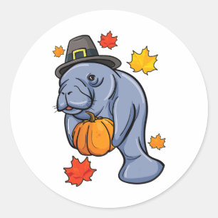 Thanksgiving Manatee Pilgrim Fall Pumpkin Dugong  Classic Round Sticker