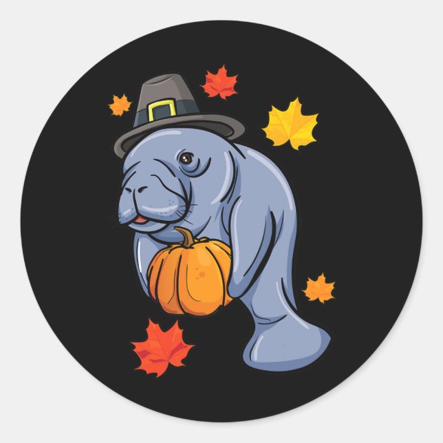 Thanksgiving Manatee Pilgrim Fall Pumpkin Dugong  Classic Round Sticker (Front)