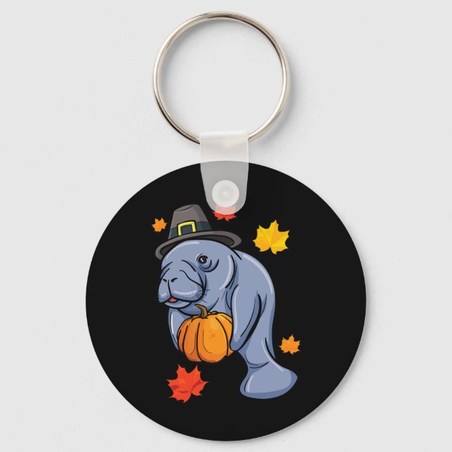 Thanksgiving Manatee Pilgrim Fall Pumpkin Dugong  Key Ring (Front)