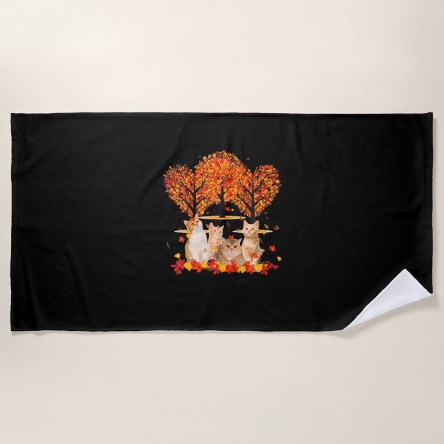 Thanksgiving Maple Cat Heart Shape Tree Leaf Beach Towel (Front)