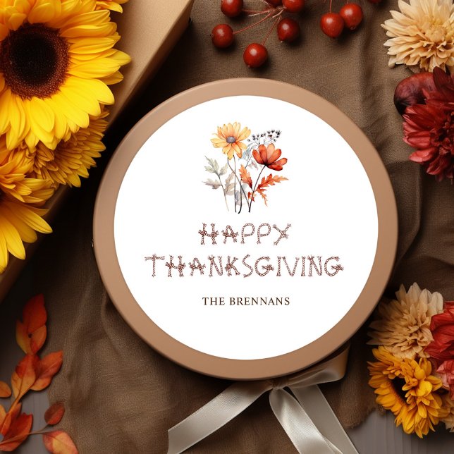 Thanksgiving Modern Elegant Floral Fall Wildflower Classic Round Sticker (Modern Elegant Floral Thanksgiving Classic Round Sticker)