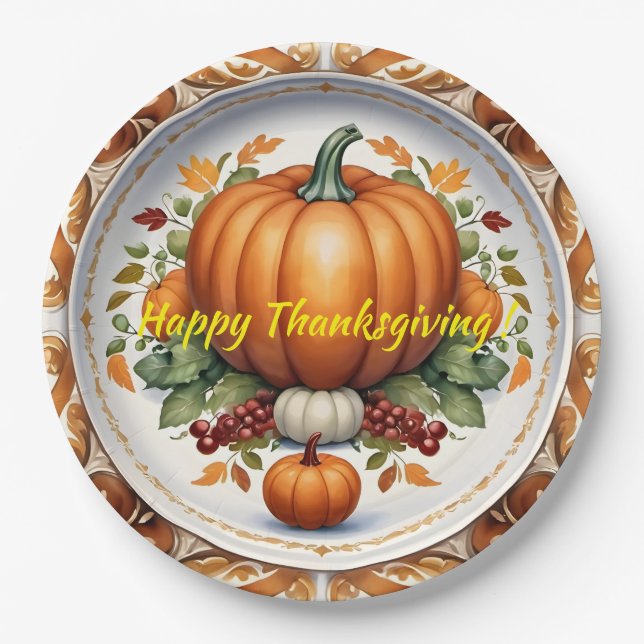 Thanksgiving Modern Pumpkin Autumn Collection Paper Plate (Front)