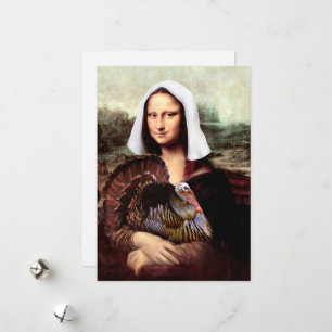Thanksgiving Mona Lisa Pilgrim with Turkey Holiday Card