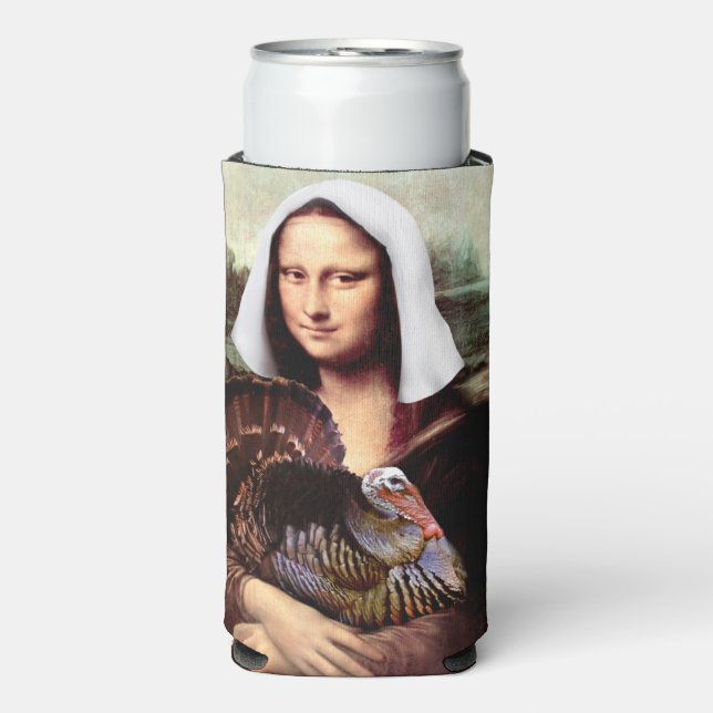 Thanksgiving Mona Lisa Pilgrim with Turkey Seltzer Can Cooler (Seltzer Front)