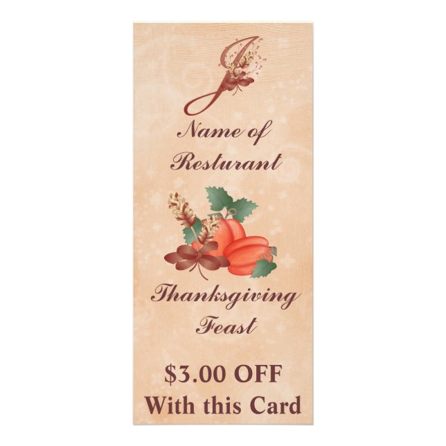 Thanksgiving Monogram J Rack Card /Resturant (Front)
