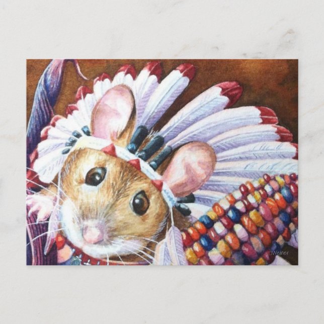 Thanksgiving Native American Mouse Watercolor Art Postcard (Front)