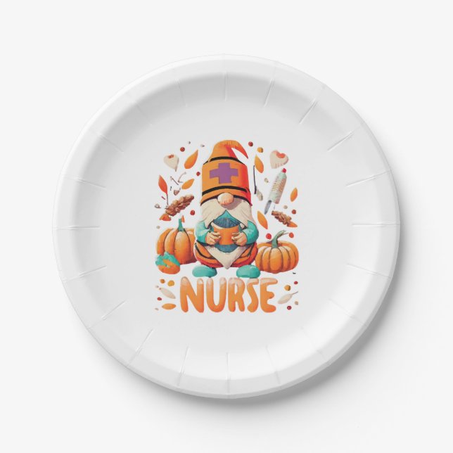 Thanksgiving Nurse Gnomes Fall Scrub Paper Plate (Front)
