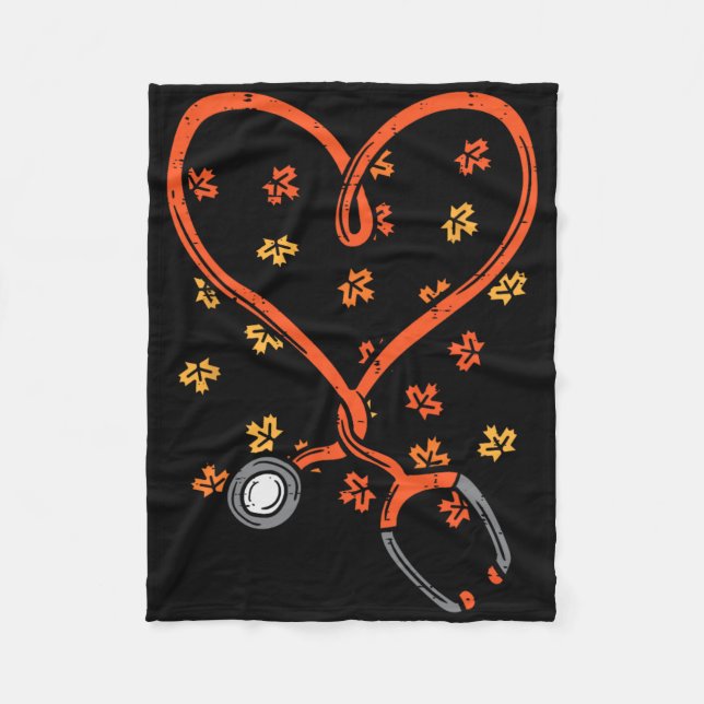 Thanksgiving Nurse Stethoscope Heart Fall Scrub To Fleece Blanket (Front)