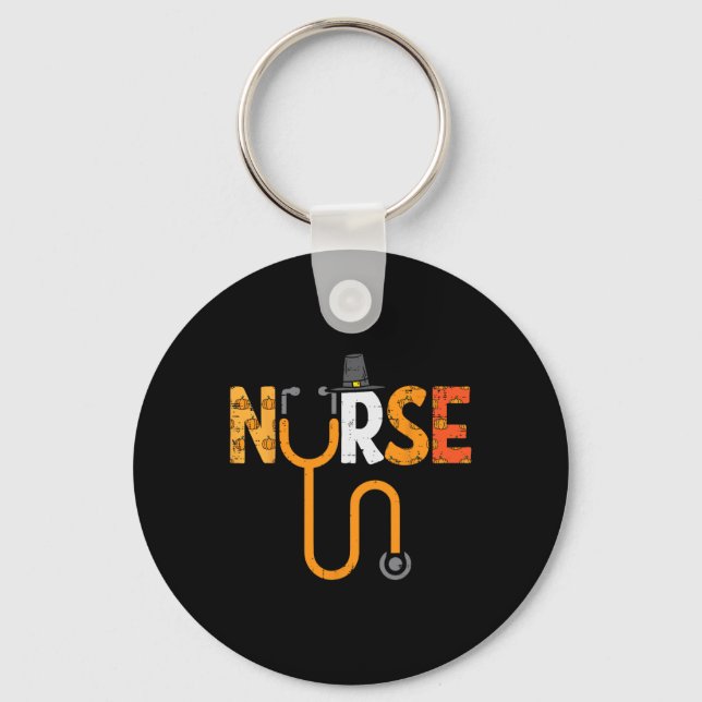 Thanksgiving Nurse Stethoscope Nursing Fall Scrub  Key Ring (Front)