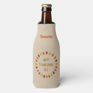 Thanksgiving Oak Leaves Custom Name Bottle Cooler