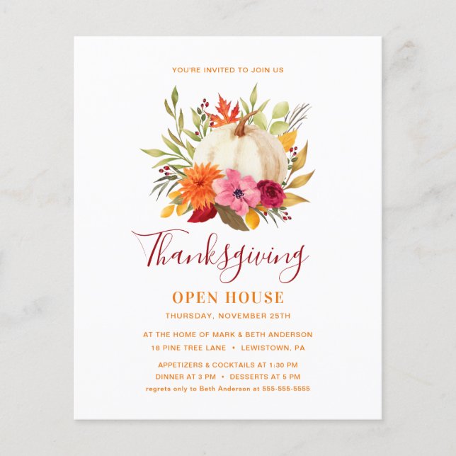 THANKSGIVING OPEN HOUSE FLORAL PUMPKIN INVITATION (Front)