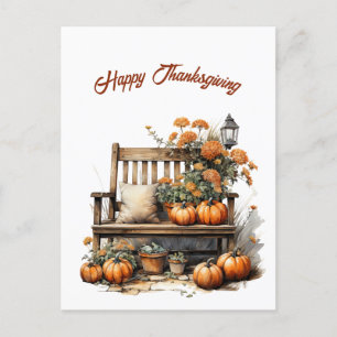 Thanksgiving Orange Floral Bench Illustration Holiday Postcard