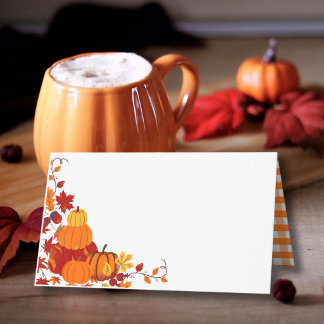 Thanksgiving Orange Pumpkin Autumn Leaves Place Card