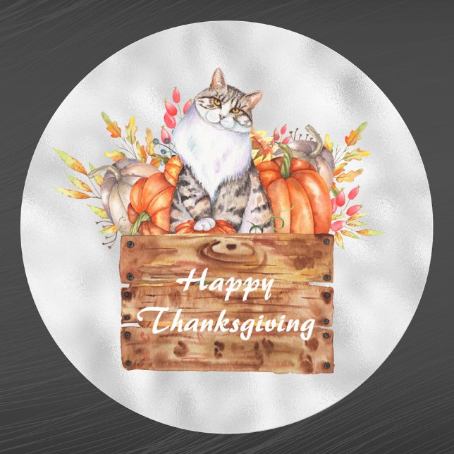 Thanksgiving Orange Pumpkins Cat Floral Classic Round Sticker (Creator Uploaded)