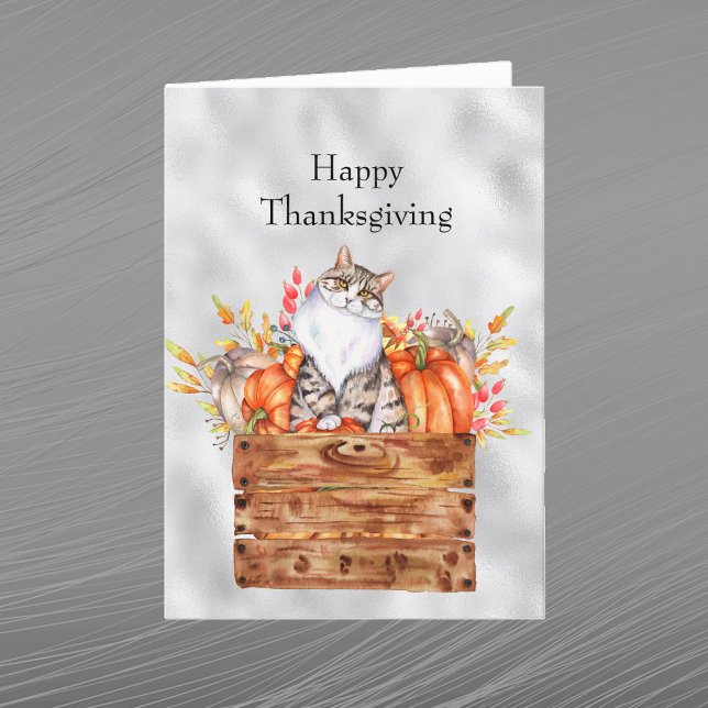 Thanksgiving Orange Pumpkins Cat Floral Holiday Card (Creator Uploaded)