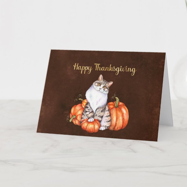 Thanksgiving Orange Pumpkins Cat Holiday Card (Creator Uploaded)
