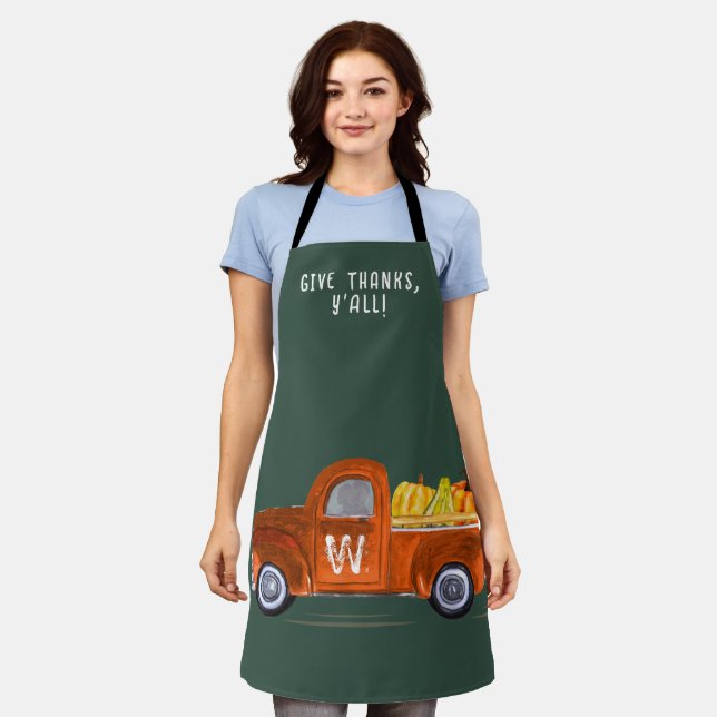 Thanksgiving Orange Pumpkins Truck Fun Monogram  Apron (Worn)