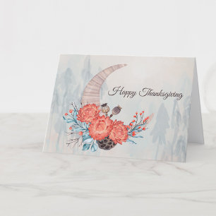Thanksgiving Orange Strawflower Moon Floral Holiday Card