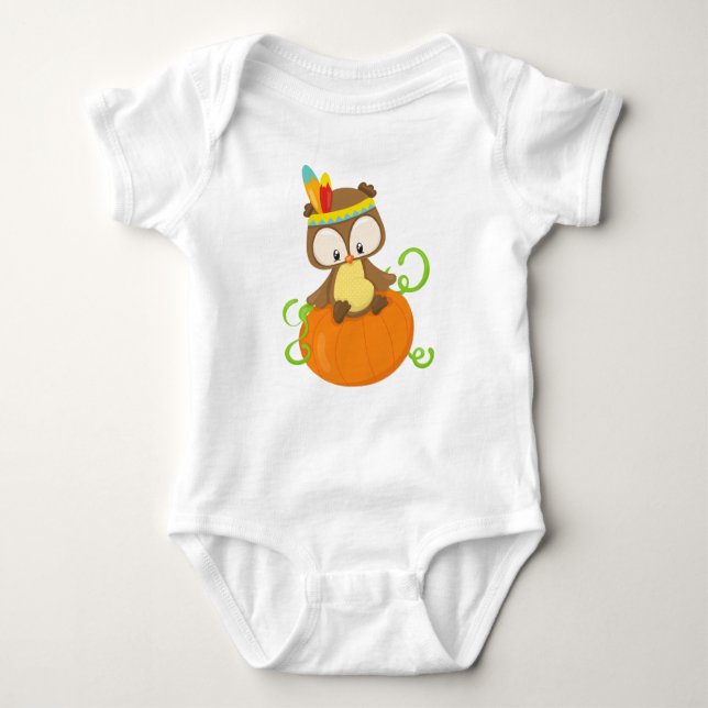 Thanksgiving Owl, Brown Owl, Feathers, Pumpkin Baby Bodysuit (Front)