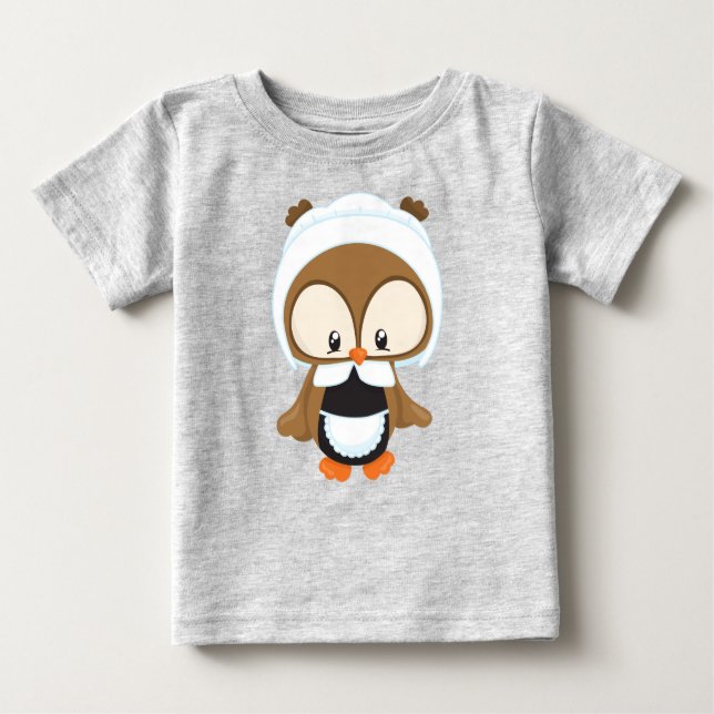 Thanksgiving Owl, Brown Owl, Pilgrim Bonnet Baby T-Shirt (Front)