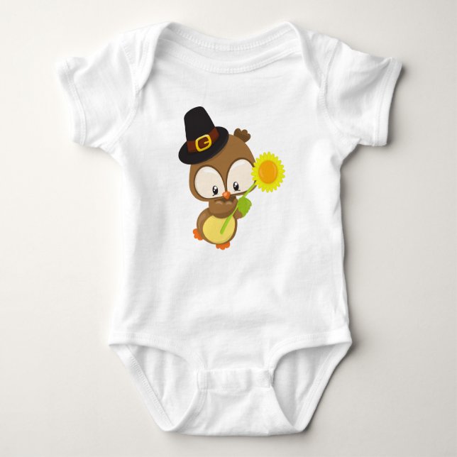 Thanksgiving Owl, Brown Owl, Pilgrim Hat, Flower Baby Bodysuit (Front)
