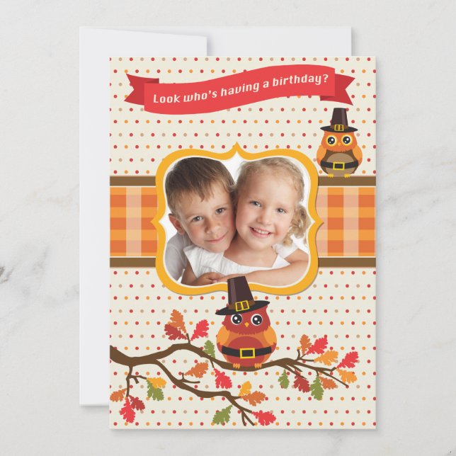Thanksgiving Owls Photo Birthday Invitation (Front)