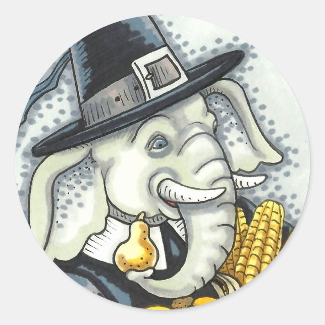 THANKSGIVING PACHYDERM, THANKFUL PILGRIM ELEPHANT CLASSIC ROUND STICKER (Front)