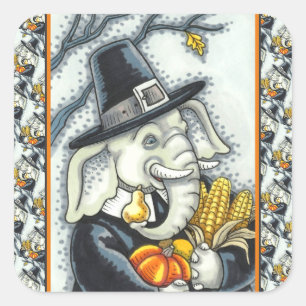 THANKSGIVING PACHYDERM, THANKFUL PILGRIM ELEPHANT SQUARE STICKER