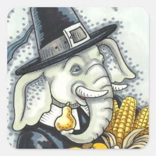 THANKSGIVING PACHYDERM, THANKFUL PILGRIM ELEPHANT SQUARE STICKER