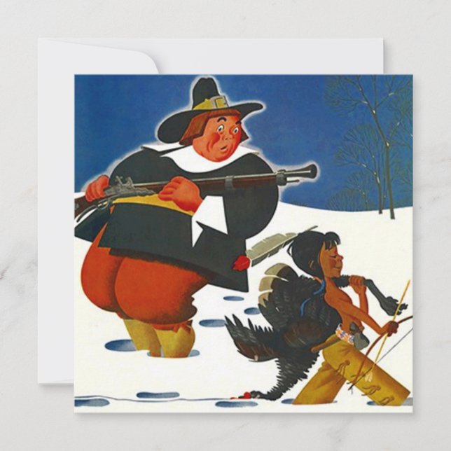 Thanksgiving Party dinner Invitation Pilgrim & boy (Front)