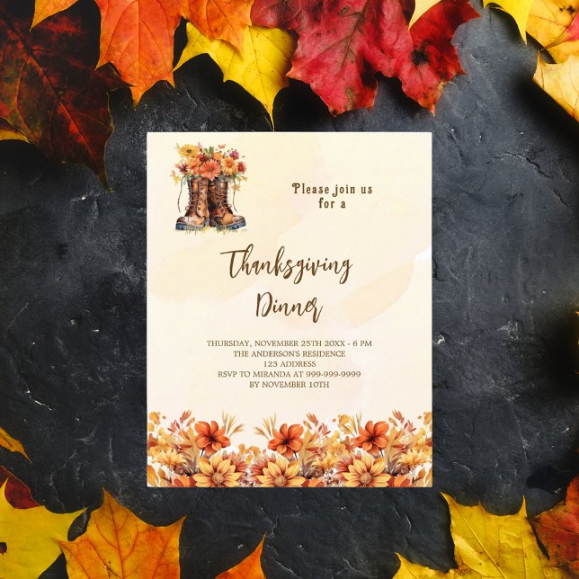 Thanksgiving party floral boots budget invitation (Creator Uploaded)