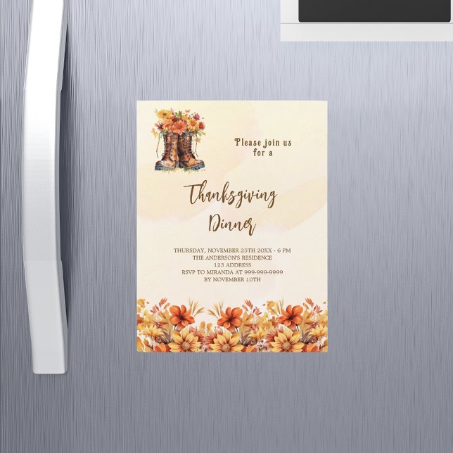 Thanksgiving party orange fall floral boots luxury magnetic invitation (Creator Uploaded)