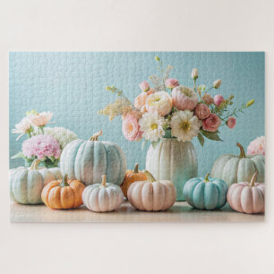 Thanksgiving Pastel Pumpkins and Floral Arrangemen Jigsaw Puzzle
