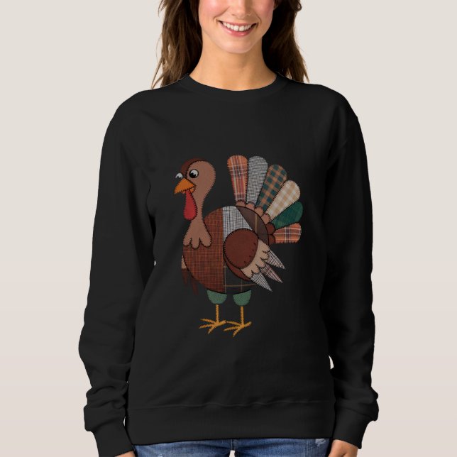 Thanksgiving Patchwork Quilted Turkey Fall Sweatshirt (Front)