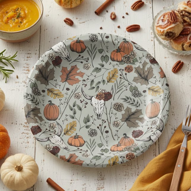 Thanksgiving Pattern Cow Skull Fall Harvest Paper Plate (Floral Cow Skull Pumpkin & Fall Leaves Pattern Autumn Paper Plates. Rustic Goth Southwestern Style)