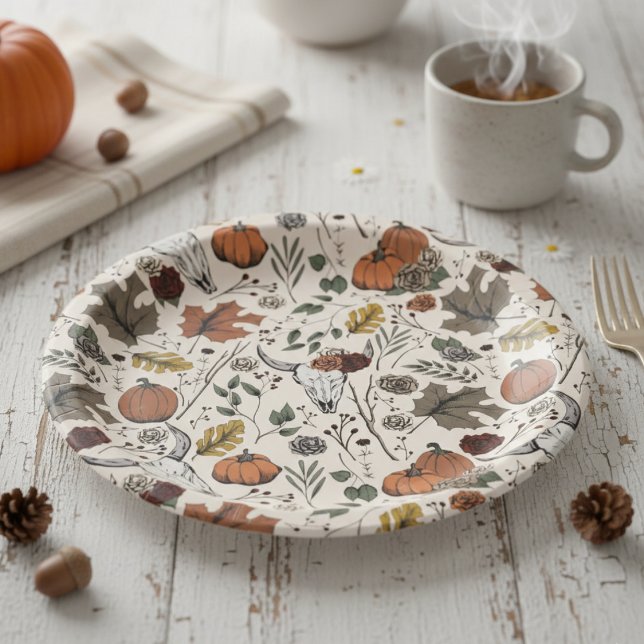 Thanksgiving Pattern Cow Skull Fall Harvest Paper Plate (Chic Rustic Floral Cow Skull Pattern Autumn Paper Plates. Country Western & Slightly Gothic Style)