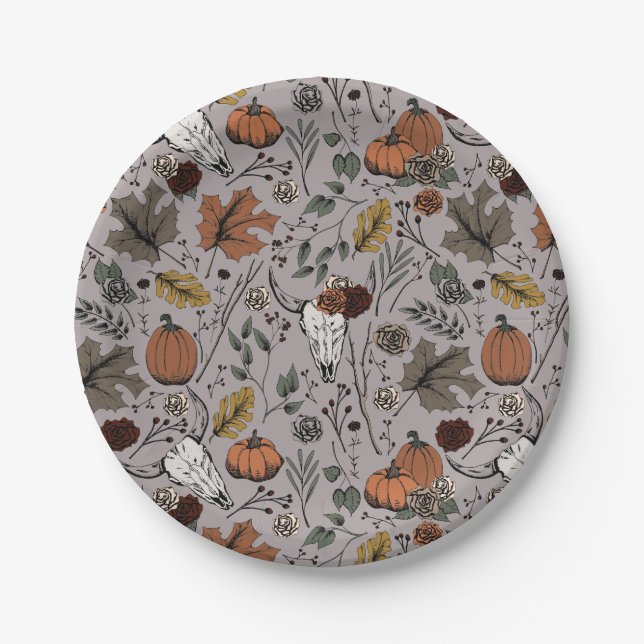 Thanksgiving Pattern Cow Skull Fall Harvest Paper Plate (Front)