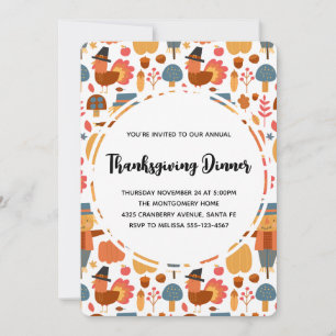 Thanksgiving Pattern with Turkeys & Scarecrows Invitation