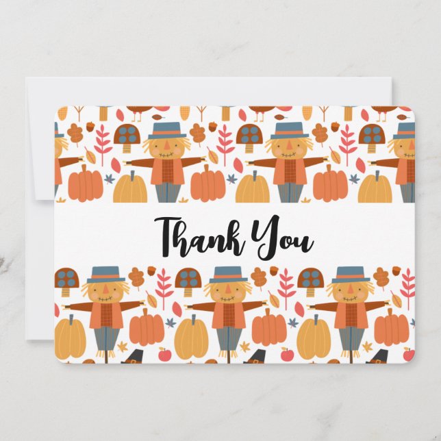 Thanksgiving Pattern with Turkeys & Scarecrows Thank You Card (Front)