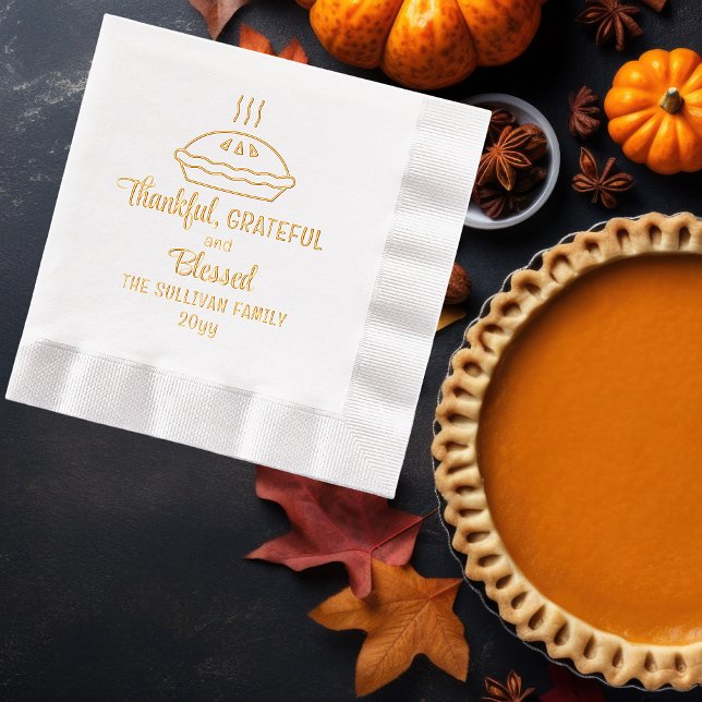 Thanksgiving Pie Thankful Grateful Blessed Family Foil Napkins (Thanksgiving Pie "Thankful, Grateful and Blessed" Family Name and Year Stamped Foil Napkins)