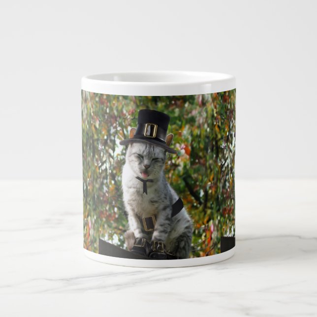 Thanksgiving Pilgrim Cat Large Coffee Mug (Front)