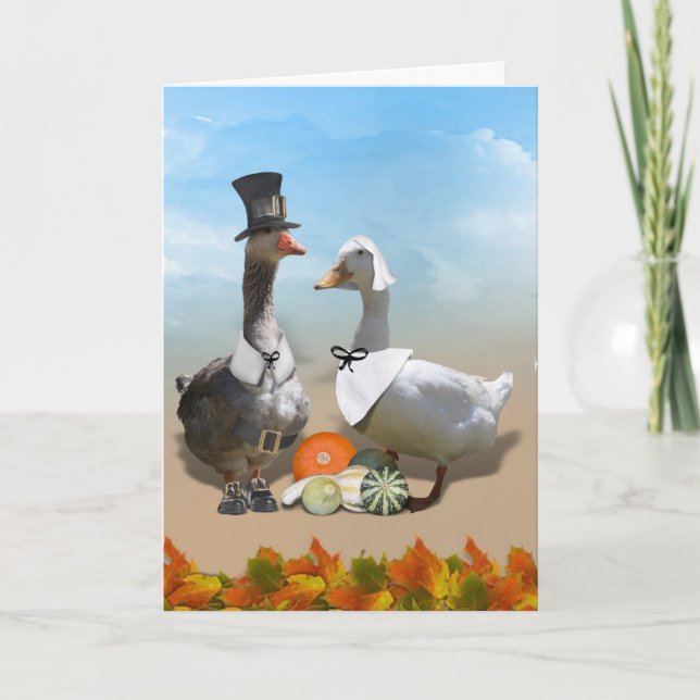 Thanksgiving Pilgrim Duck Couple Holiday Card (Front)